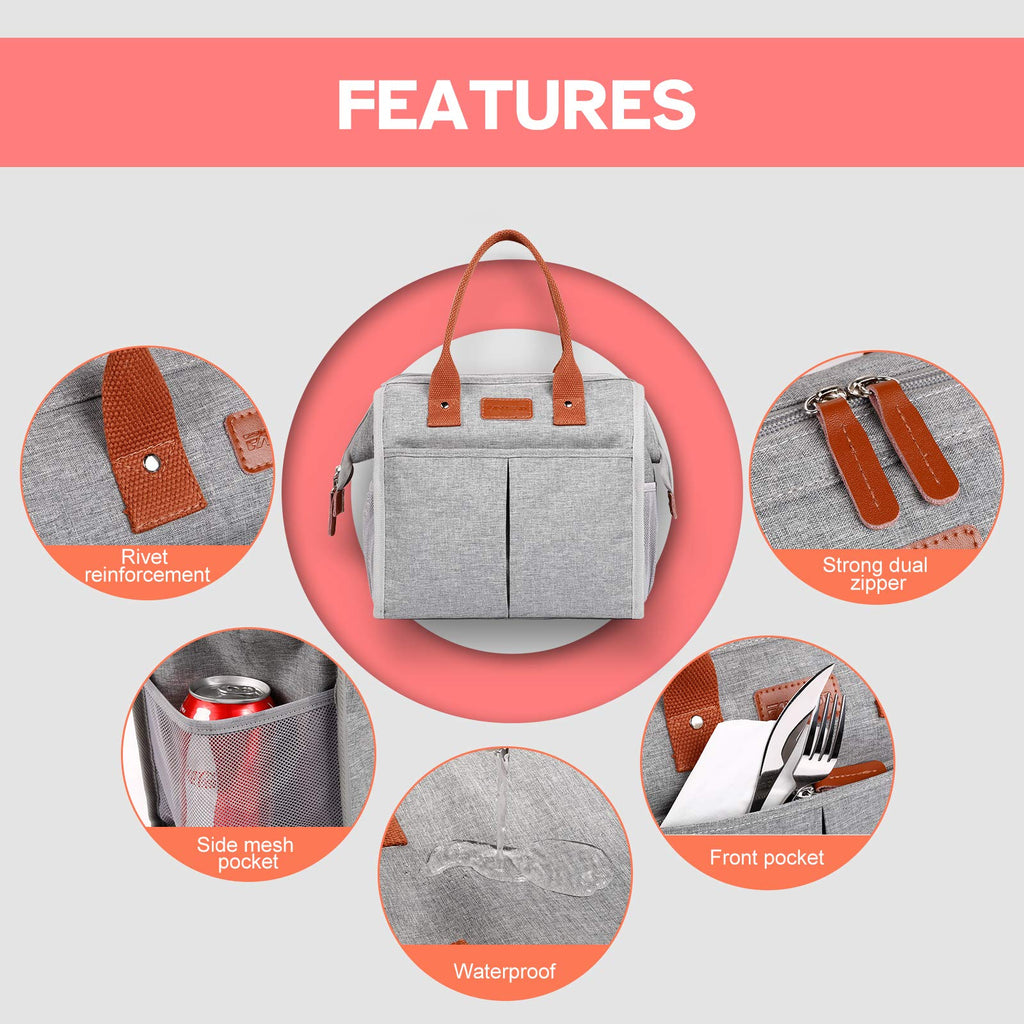 Lunch Bag for Women & Men, Insulated Lunch Box Cooler Tote Bags, Adult Reusable Lunch Boxes with Water Resistant for Work, Travel and Picnic (Grey)