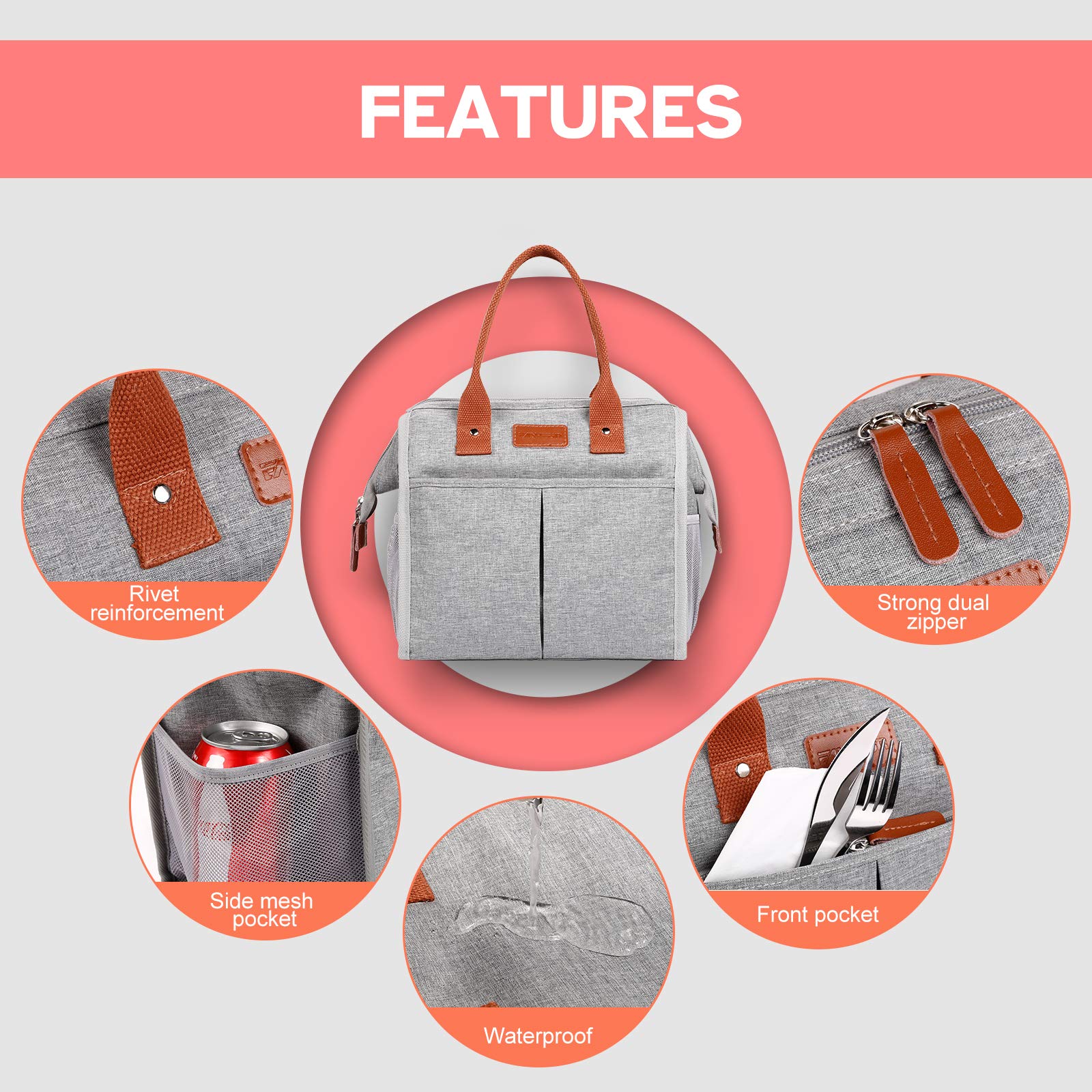 Lunch Bag for Women & Men, Insulated Lunch Box Cooler Tote Bags, Adult Reusable Lunch Boxes with Water Resistant for Work, Travel and Picnic (Grey)