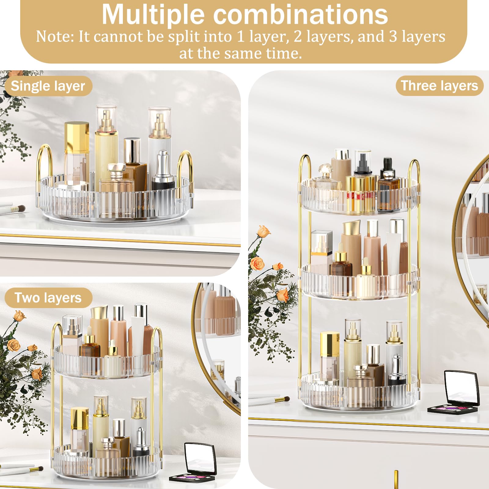 Mokani 360 Rotating Makeup Organizer, 3 Tiers Perfume Organizer, Large Capacity Cosmetic Skincare Storage, Multi-Function Perfume Stand for Vanity, Bathroom and Bedroom, Clear