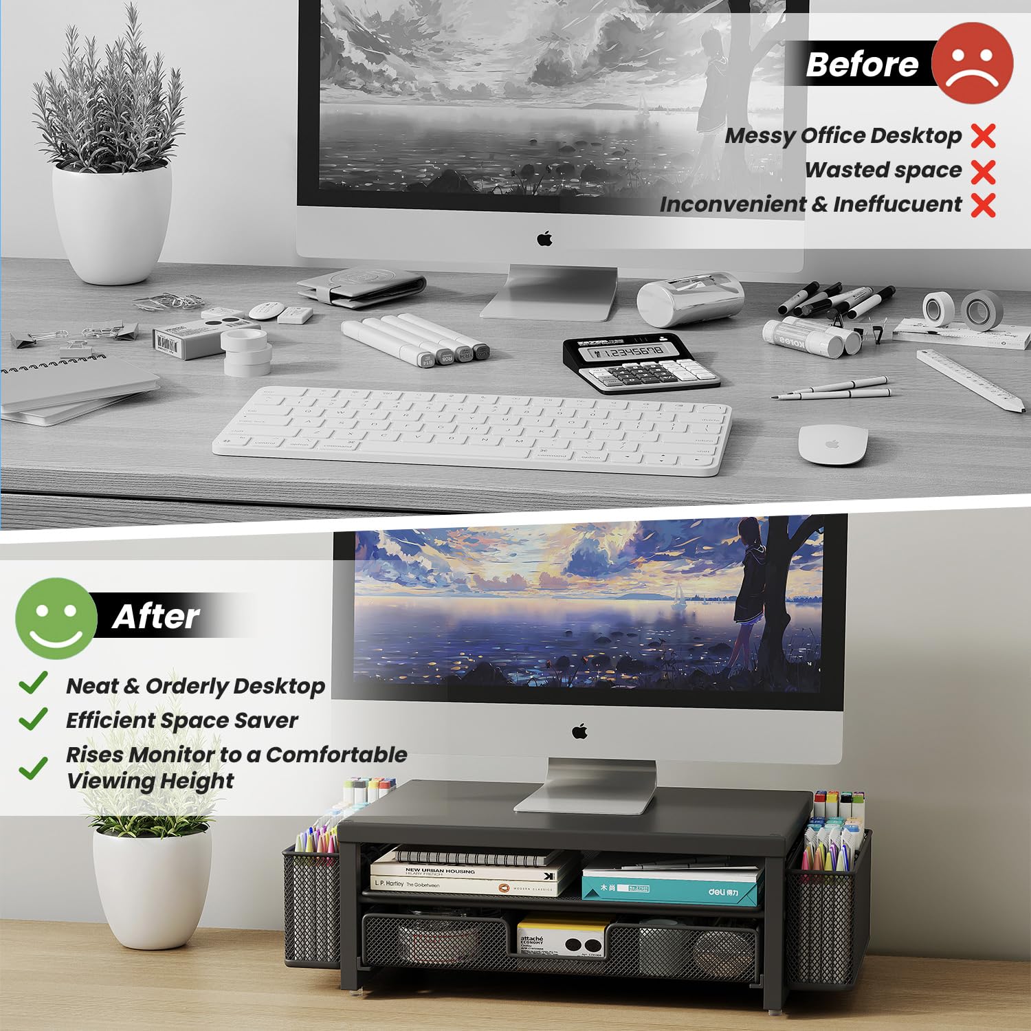 2 Tier Monitor Stand Riser with Drawer & 2 Pen Holders Storage for Desktop, Metal Computer Desk Organizer Stand for Laptop, Computer, iMac(Black)
