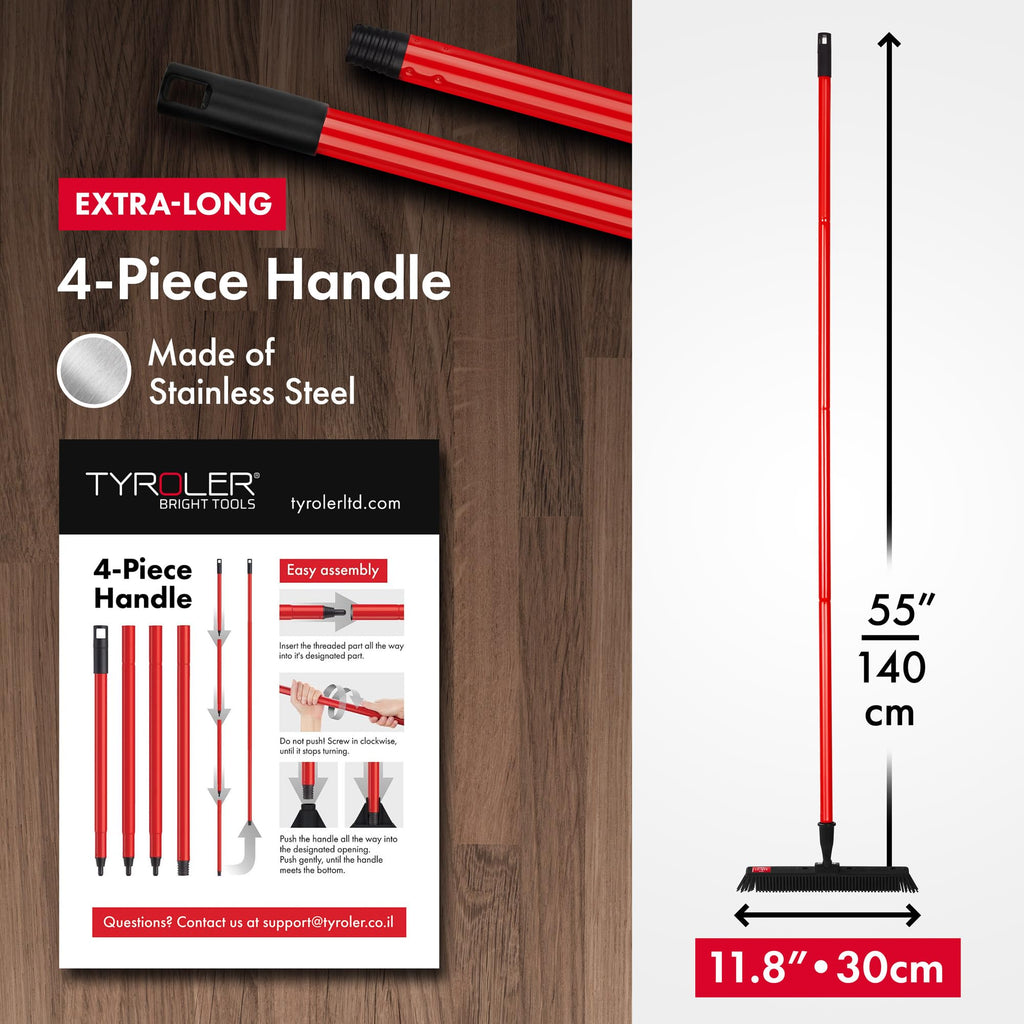 Tyroler Japanese Silicone Broom | 30cm Head | 140cm Aluminium Anti-Rust 4-Part Handle | Perfect Pet Hair Removal Broom for Patio, Hardwood Floors, Carpet Rake, Decks (Black - Rubber)