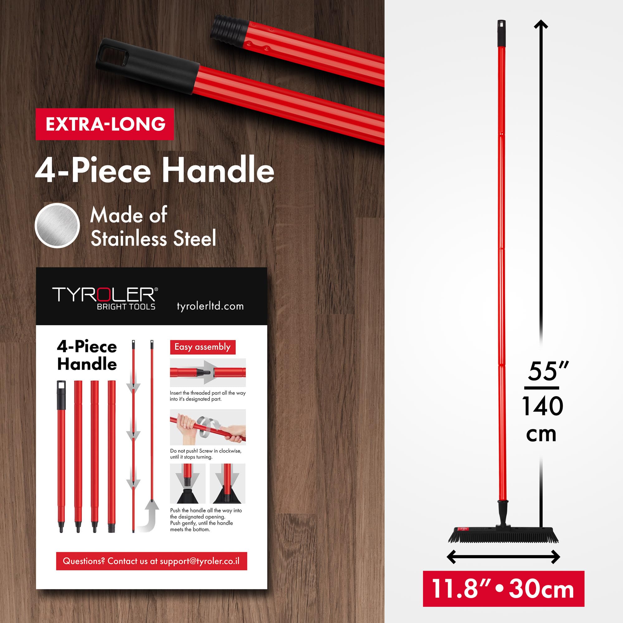 Tyroler Japanese Silicone Broom | 30cm Head | 140cm Aluminium Anti-Rust 4-Part Handle | Perfect Pet Hair Removal Broom for Patio, Hardwood Floors, Carpet Rake, Decks (Black - Rubber)