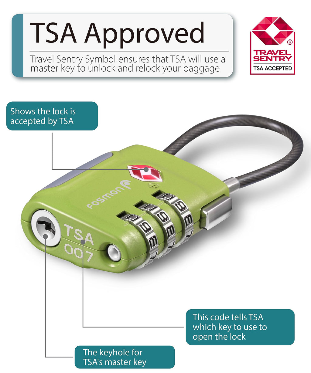 Fosmon TSA Accepted Cable Luggage Locks, 3 Digit Combination with Open Alert Indicator, Alloy Body and Release Button for Travel Bag, Suit Case & Luggage (4 Pack) - Black, Green, Red and Blue