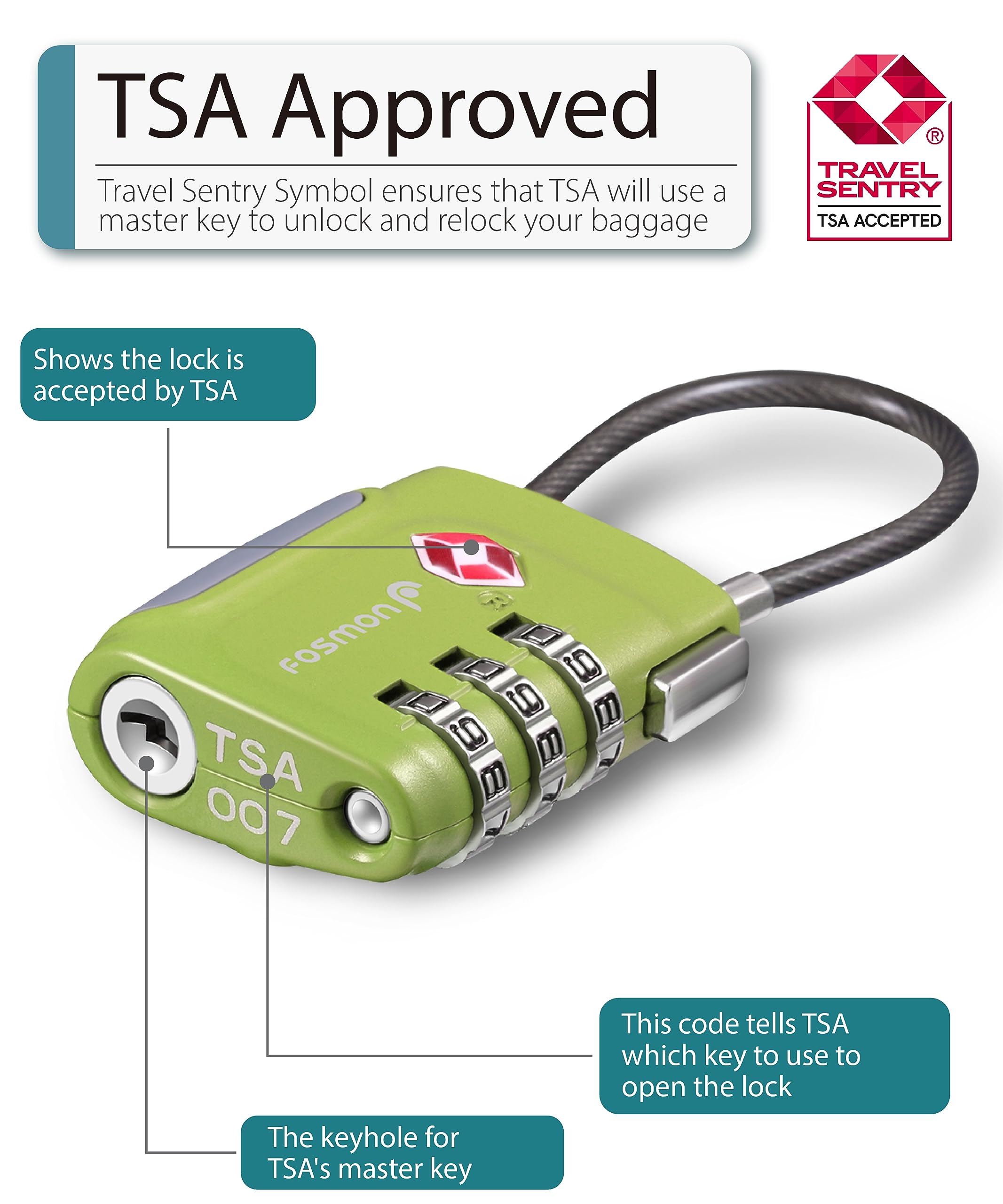 Fosmon TSA Accepted Cable Luggage Locks, 3 Digit Combination with Open Alert Indicator, Alloy Body and Release Button for Travel Bag, Suit Case & Luggage (4 Pack) - Black, Green, Red and Blue