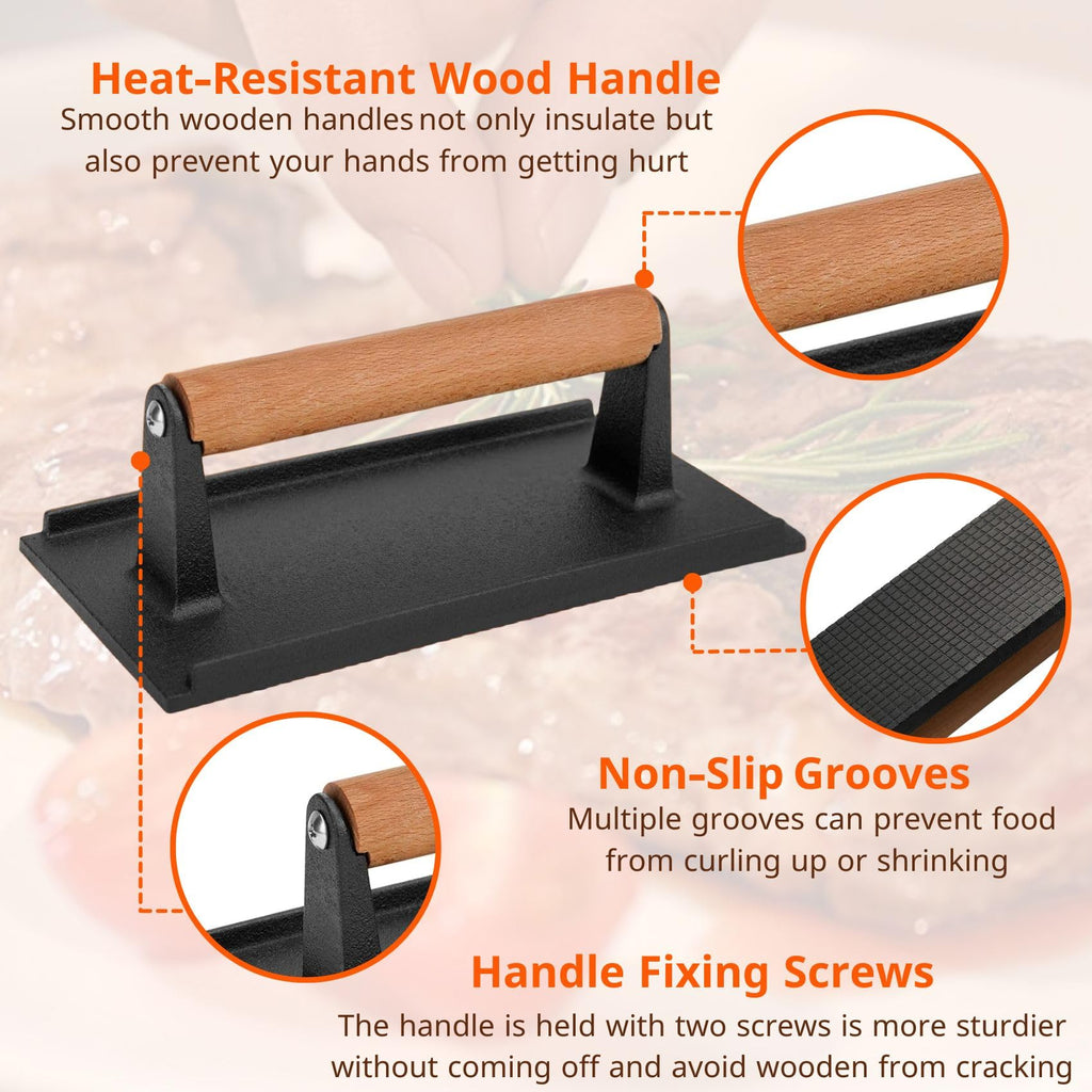 onlyfire Cast Iron Meat Press Grill Press with Wooden Handle, Great for Squeezing Fat from Meats, Flattening Bacon, Paninis, and Burgers