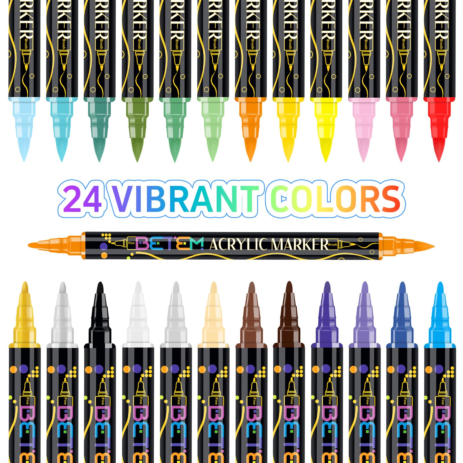 Betem Acrylic Paint Markers, Dual Tip 24 Colors Acrylic Paint Pens with Brush Tip and Fine Point, Art Supplies for Rock, Wood, Canvas, Stone, Glass, Ceramic, Rock Painting Gift