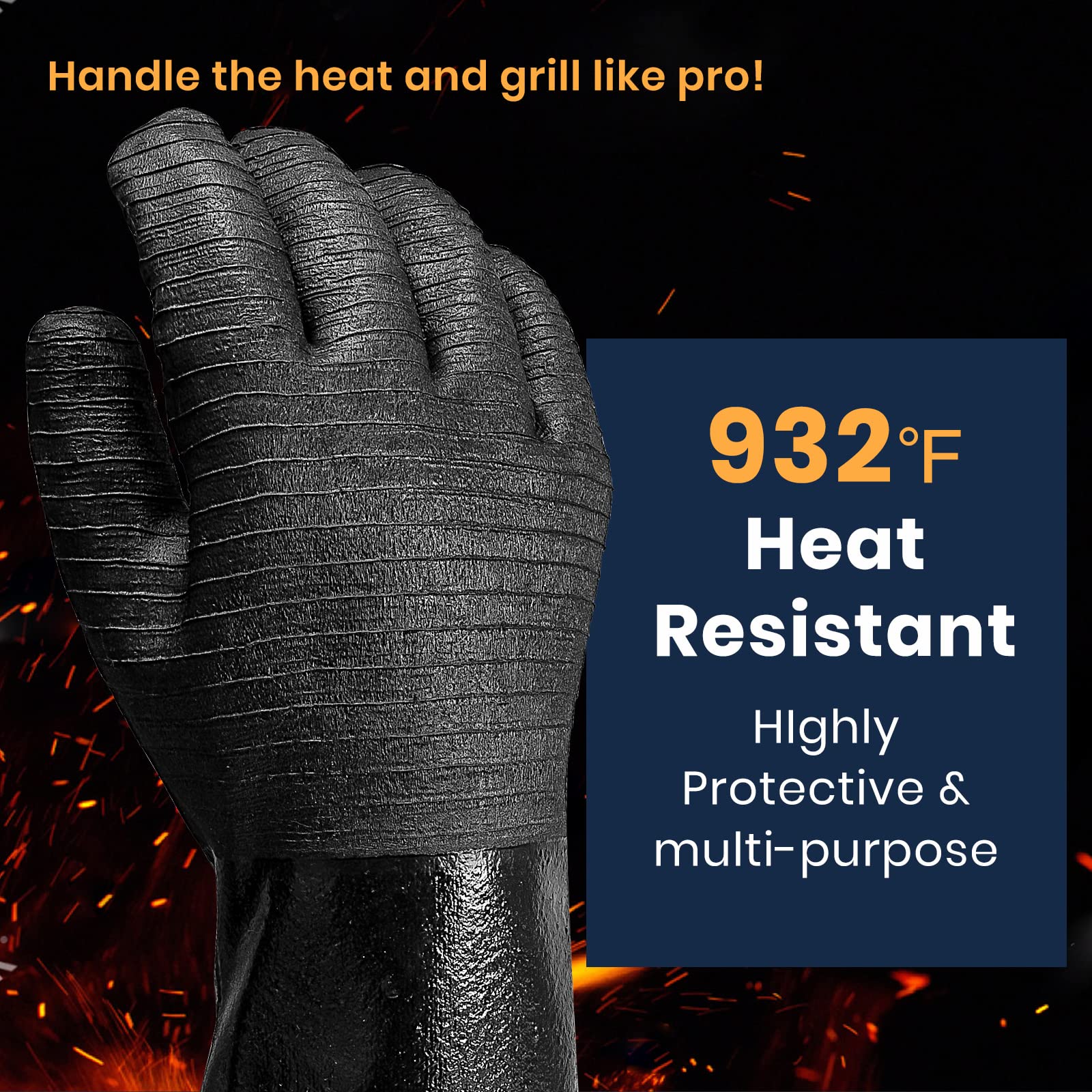 GEEKHOM 18-Inch Heat Resistant BBQ Gloves 932°F Waterproof Long Sleeve Cooking Gloves, Non-Slip Silicone Grip Grill Gloves for Grilling, Smoker, Oven, and Kitchen Use