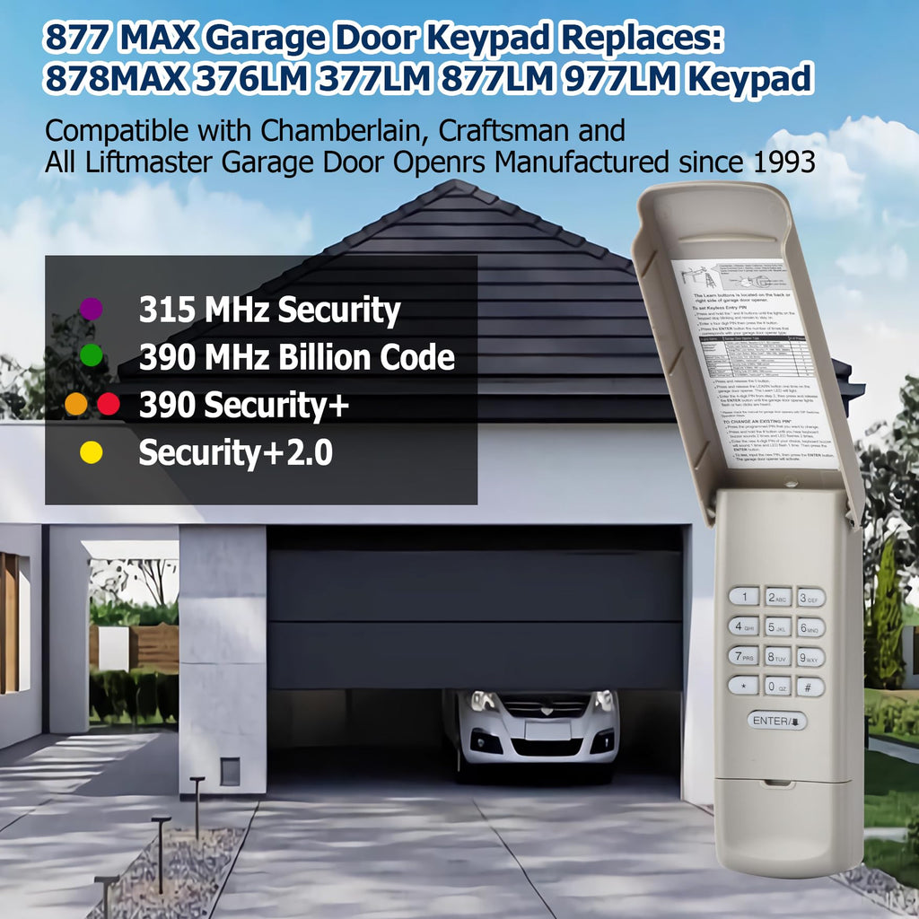 Garage Door Opener Keypad Compatible with LiftMaster 877MAX for Chamberlain LiftMaster Craftsman Garage Door Openers Since 1993，Keyless Entry, Security +2.0 Garage Keypad, 315/390 MHz
