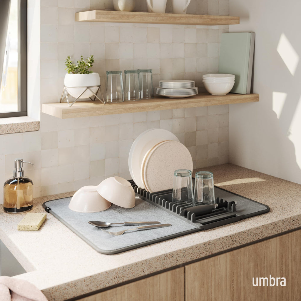 Umbra Udry Dish Rack and Microfiber Drying Mat – Space-Saving Design Folds Up for Easy Storage, Basic Rack, Dark Grey