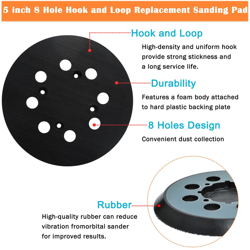 Wadoy 5 Inch Sander Pad Replacement Compatible with Dewalt Orbital Sander DWE6421 DWE6421K DWE6423 DWE6423K DCW210B, 8 Hole Hook and Loop Sanding Pad Replaces DWE64233 N329079 RSP54(2 Pcs)