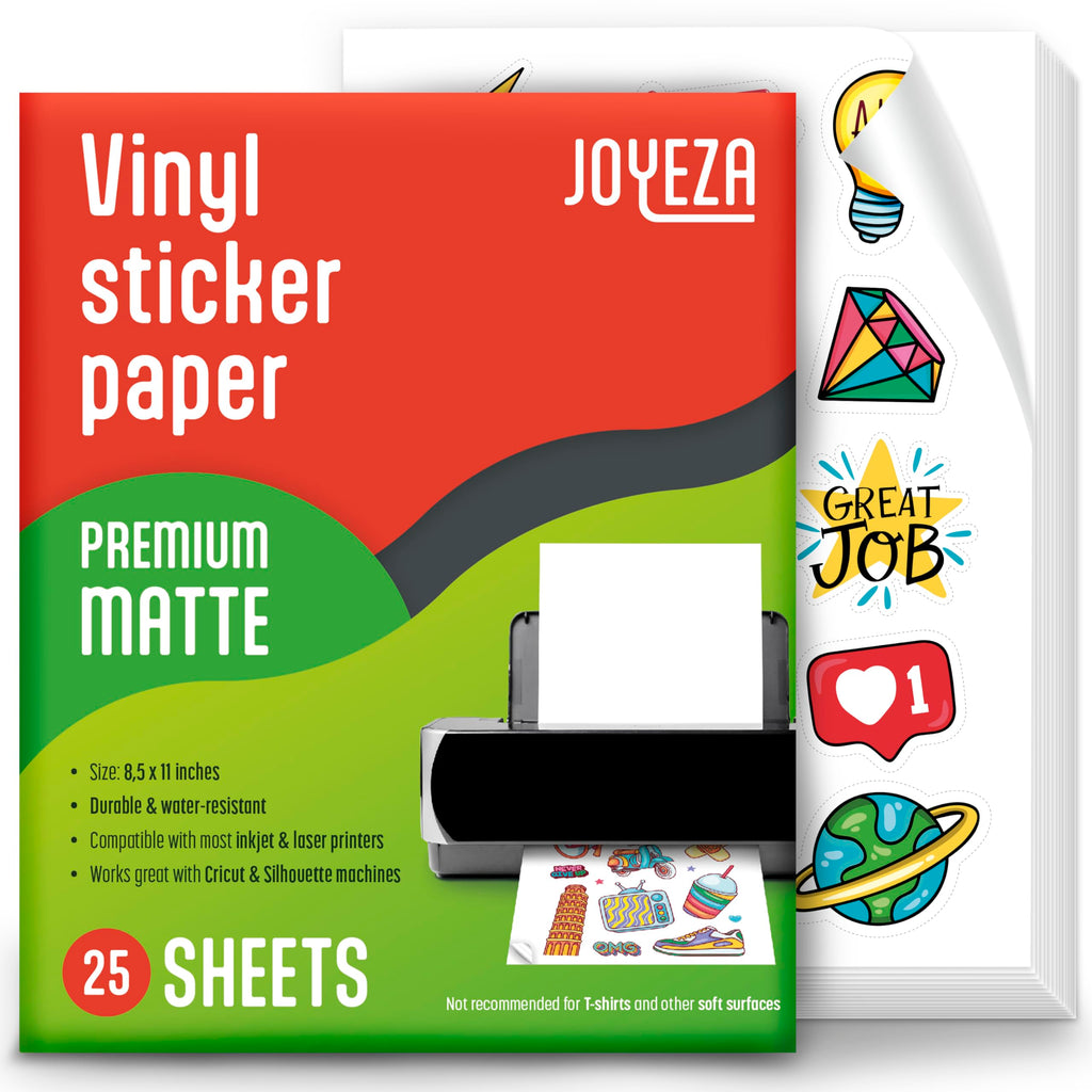 JOYEZA Premium Printable Vinyl Sticker Paper for Inkjet Printer - 25 Sheets Matte White Waterproof, Dries Quickly Vivid Colors, Holds Ink Well- Tear Resistant - Inkjet & Laser Printer