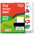 JOYEZA Premium Printable Vinyl Sticker Paper for Inkjet Printer - 25 Sheets Matte White Waterproof, Dries Quickly Vivid Colors, Holds Ink Well- Tear Resistant - Inkjet & Laser Printer