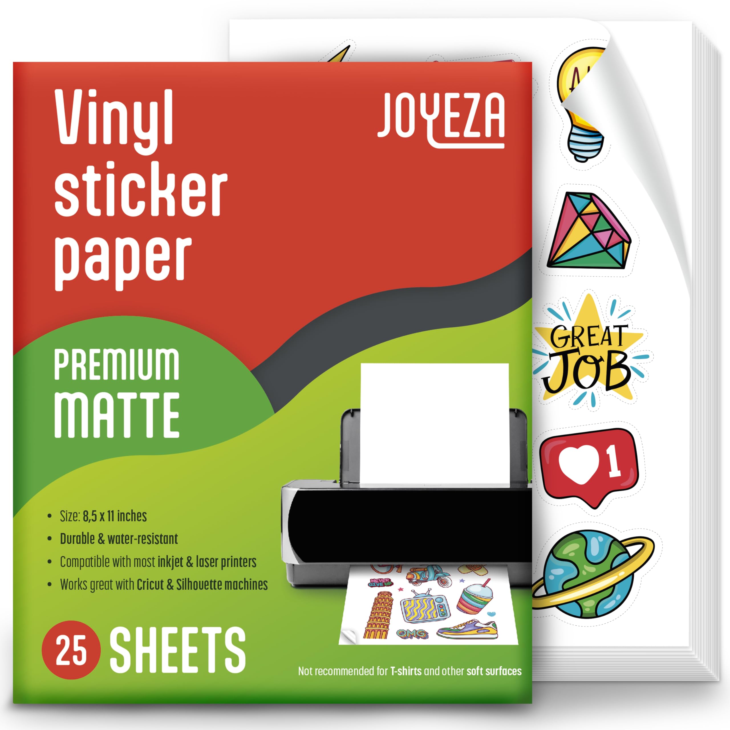 JOYEZA Premium Printable Vinyl Sticker Paper for Inkjet Printer - 25 Sheets Matte White Waterproof, Dries Quickly Vivid Colors, Holds Ink Well- Tear Resistant - Inkjet & Laser Printer