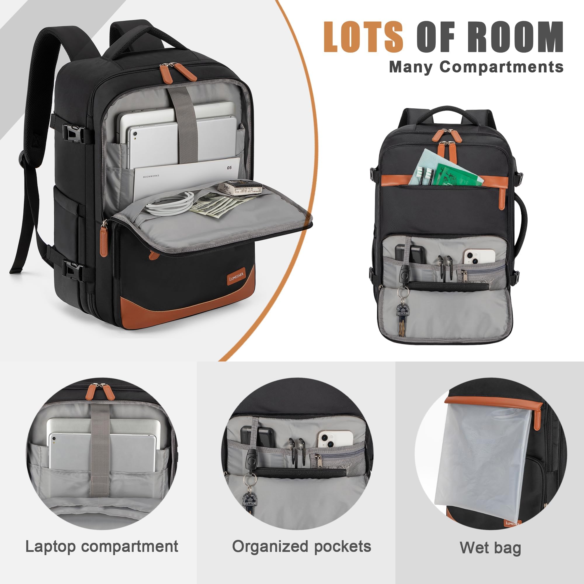 40/50L Travel Backpack with USB Charging Port, Water-Resistant Carry On Backpack, Business Laptop Backpack for Men Women