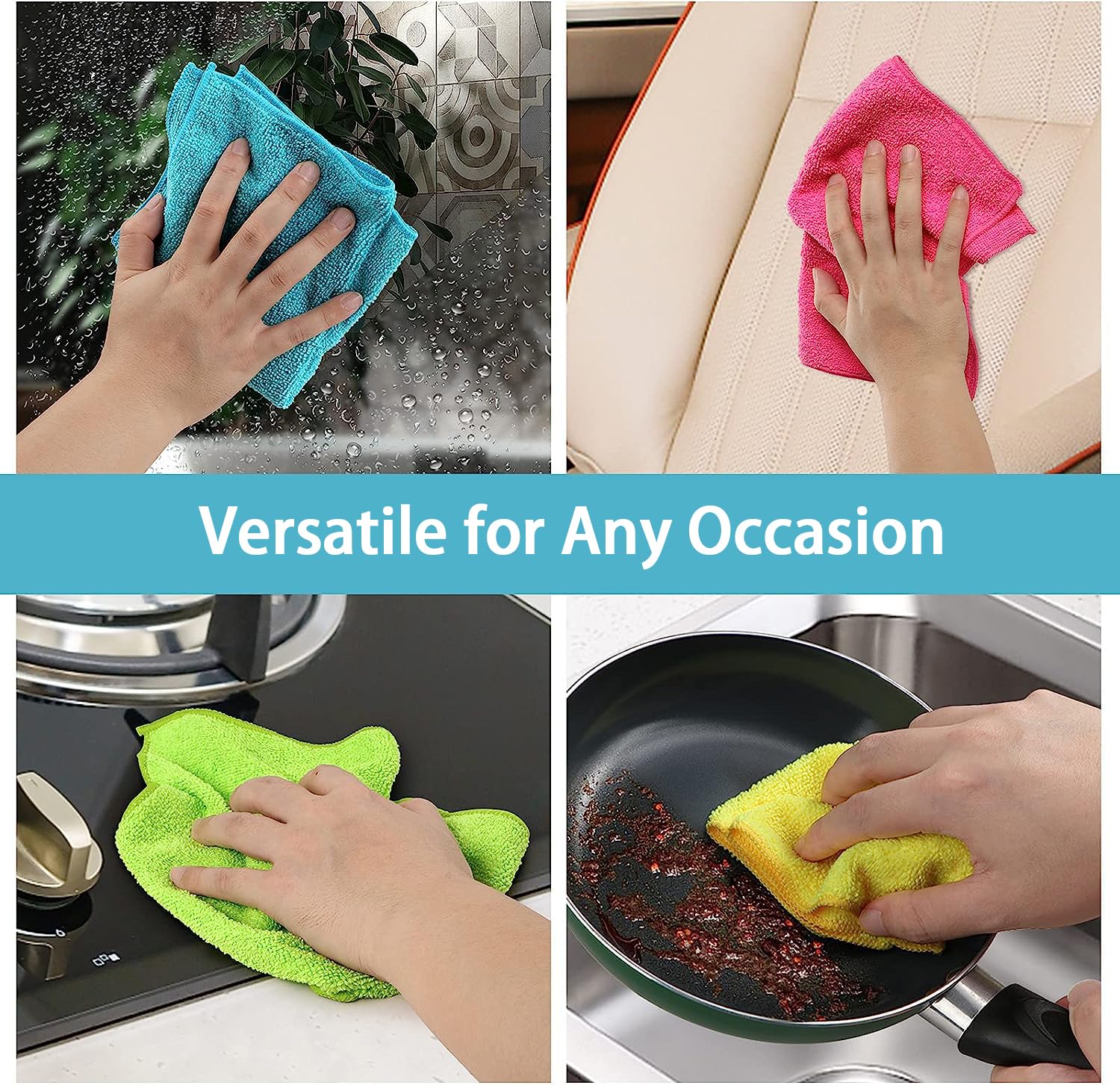 HOMEXCEL Microfiber Cleaning Cloth,100Pack Cleaning Rag,Cleaning Towels with 4 Color Assorted,11.5"X11.5"(Green/Blue/Yellow/Pink)