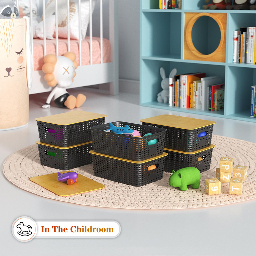 Plastic Storage Baskets With Bamboo Lid - Plastic Storage Containers Stackable Storage bins: Storage Baskets for Organizing Shelves Drawers Desktop Closet Playroom Classroom Office, 6 Pack