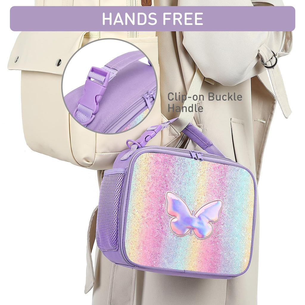 Hairao Butterfly Lunch Box for Girls Kids Rainbow Lunch Bag Waterproof Thermal Insulated Cooler Bag for Girls Kids Toddlers Teens School Gift