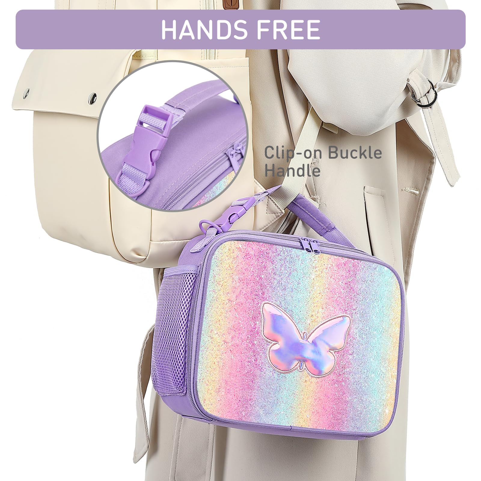 Hairao Butterfly Lunch Box for Girls Kids Rainbow Lunch Bag Waterproof Thermal Insulated Cooler Bag for Girls Kids Toddlers Teens School Gift