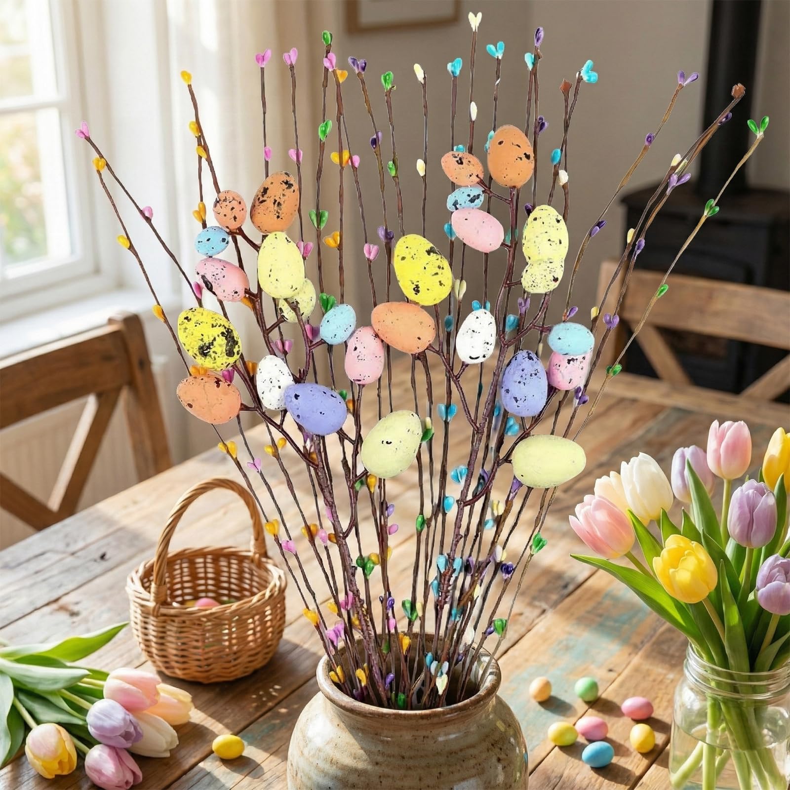 Artificial Easter Spray Vine with 2 Pastel Easter Eggs and 24 Berries - 26Pcs Spring Floral Stems for Floral Arrangement, Wreath, Centerpiece, Easter Home Decor