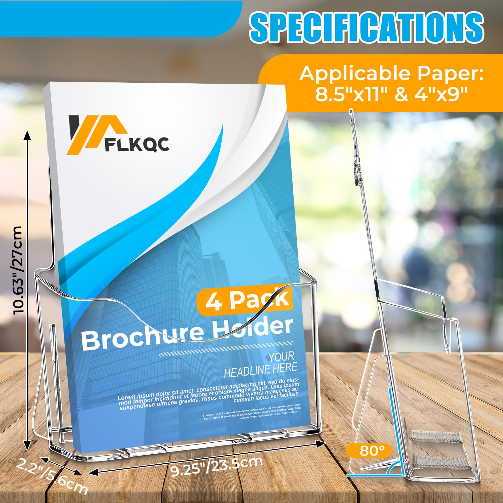 FLKQC Acrylic Brochure Holder, 9 x 11 in Brochure Holder Stand 4 Pack Plastic Pamphlet Holder Clear Literature Countertop Organizer Plastic Flyer Display Stand for Magazine, Document, Booklet