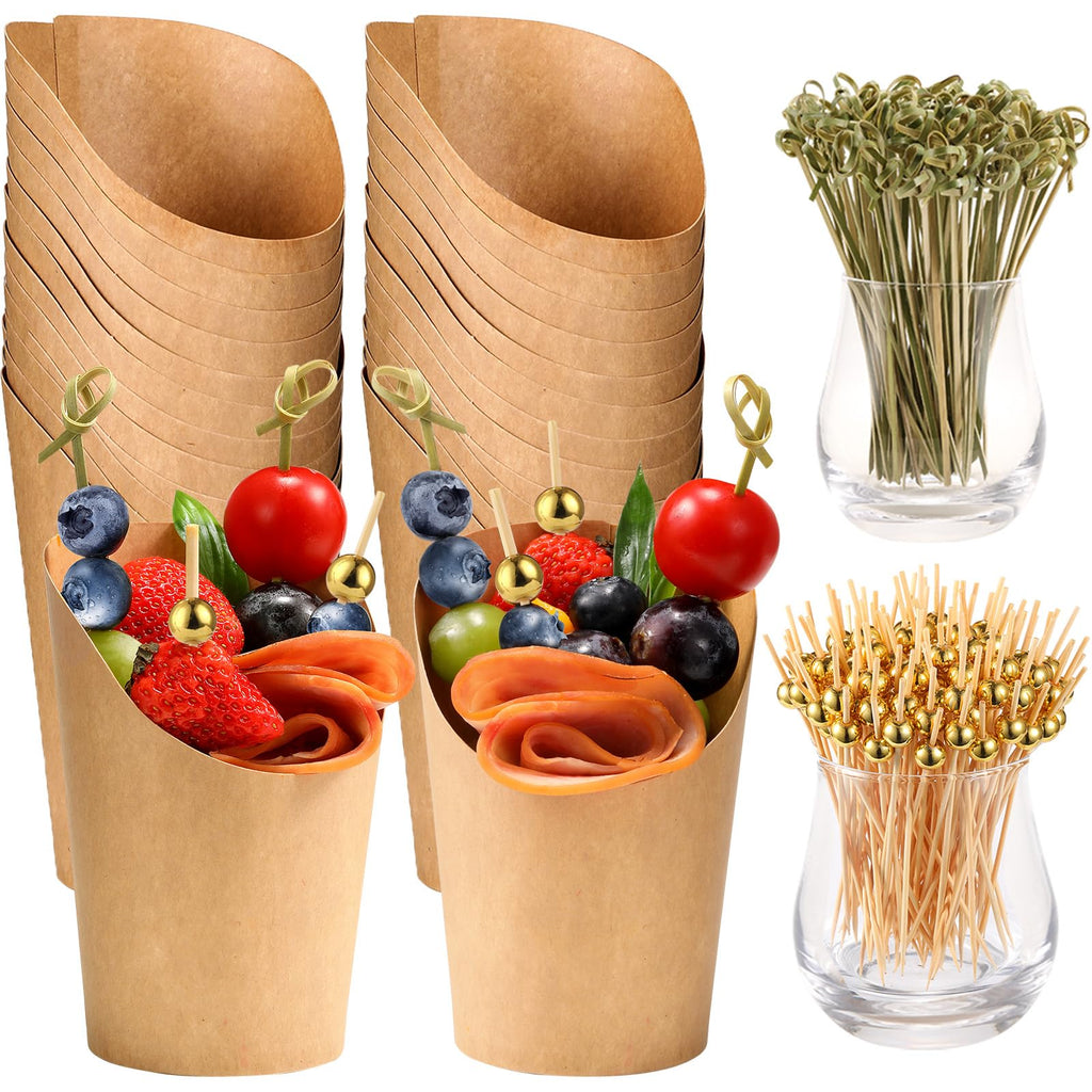 12 Oz Charcuterie Cups with Bamoo Skwers, Paper Snack Appetizer Cups with Cocktail Picks, French Fry Holder Brown Kraft, Disposable Popcorn Cones Party Favor(50 Cups + 200 Skewers)