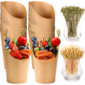 12 Oz Charcuterie Cups with Bamoo Skwers, Paper Snack Appetizer Cups with Cocktail Picks, French Fry Holder Brown Kraft, Disposable Popcorn Cones Party Favor(50 Cups + 200 Skewers)