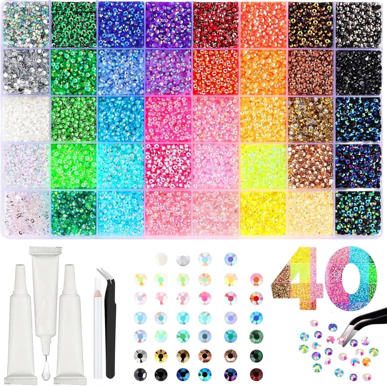Colorful DIY Resin Rhinestone Kit for Bedazzling, 40 Colors Resin Jelly Rhinestones for Bedazzling, 3mm 32000 Pcs Flatback Gems with B7000 Jewelry Glue,for Diamond Art, Nail Art & Crafts(32000)