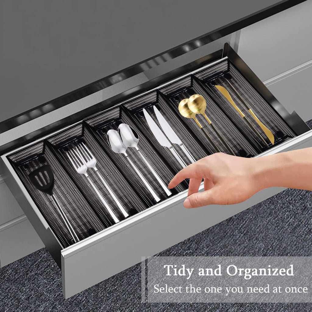 Chris.W 6 Pack Silverware Organizer for Kitchen Drawer, Metal Mesh Tray with Interlocking Arm Connection, Flatware Organizer Bin, Cutlery Tray, Black Wire Office Desktop Organizer Basket (S)