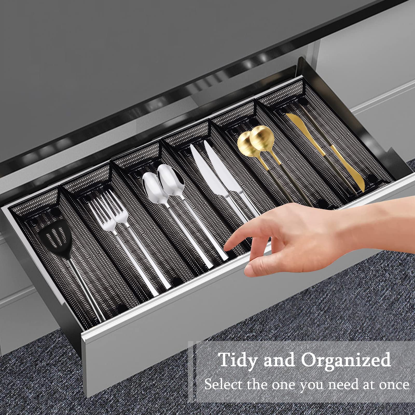 Chris.W 6 Pack Silverware Organizer for Kitchen Drawer, Metal Mesh Tray with Interlocking Arm Connection, Flatware Organizer Bin, Cutlery Tray, Black Wire Office Desktop Organizer Basket (S)