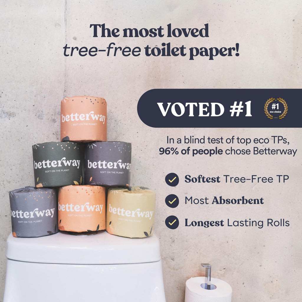Betterway Bamboo Toilet Paper 3 PLY - Eco Friendly, Sustainable Toilet Tissue - 12 Double Rolls & 360 Sheets Per Roll - Septic Safe - Organic, Plastic Free, Compostable & Biodegradable - FSC Certified