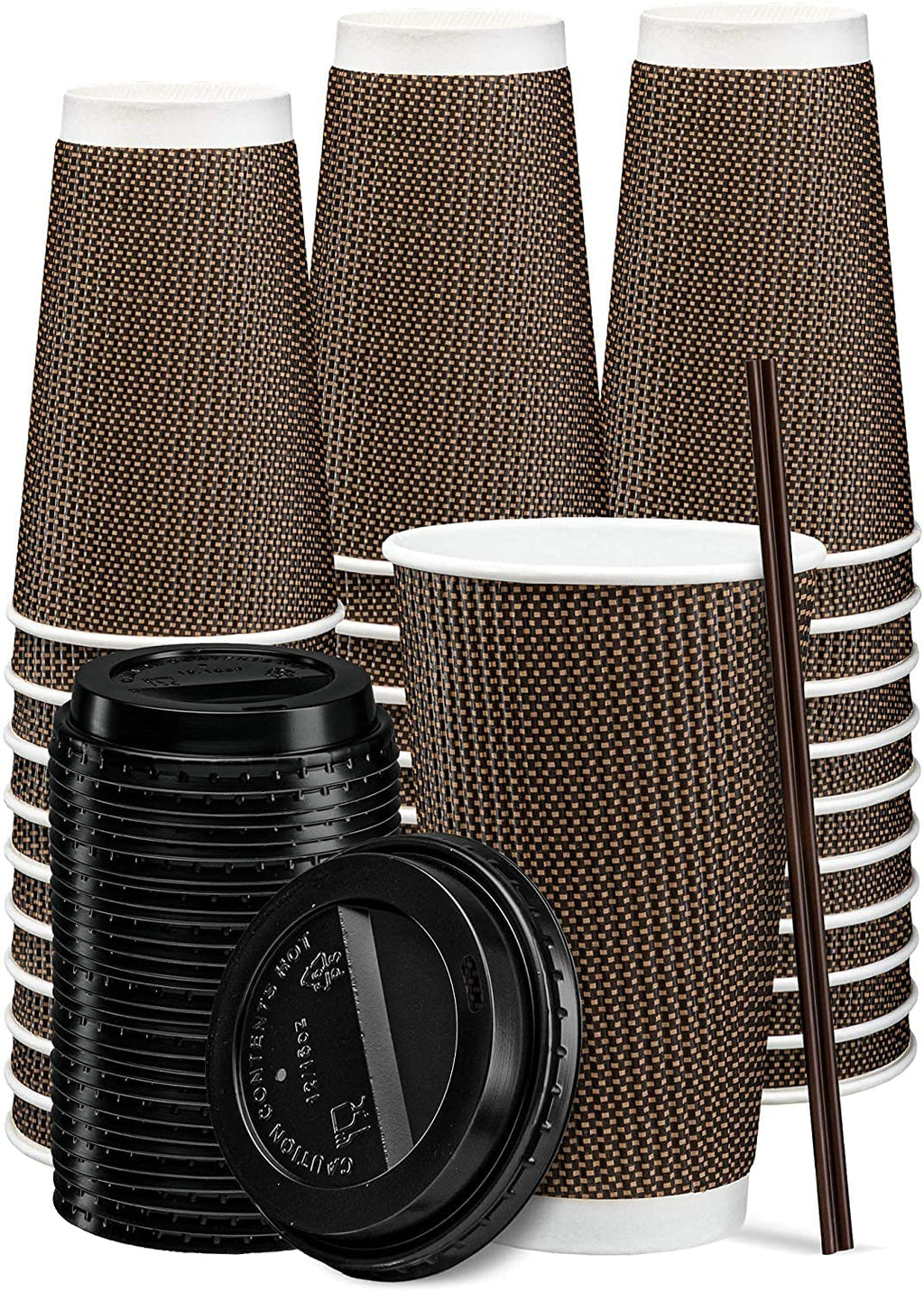 GUSTO [16 oz - 50 Sets] Insulated Brown Patterned Ripple Paper Hot Coffee Cups with Lids (Lids Color May Vary) - Ideal for Hot Beverages, Travel, and Office Use - Formerly Comfy Package