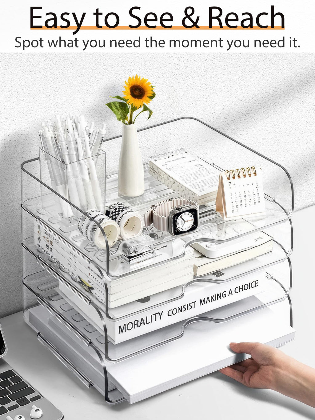 4-Tier Acrylic Paper Tray Organizer, Clear Stackable Desk Organizers for Documents, Letters, A4 Papers, Office Storage Organizers