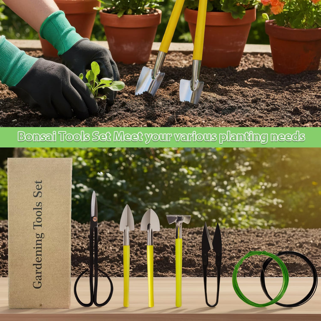 MOSFiATA Bonsai Tools Set 7 Pcs, High Carbon Steel Scissor Cutter Shears Set, Gardening Trimming Tools Set with Pruning Shears, Gardening Gloves, Training Wire, Garden Plant Tools with Carrying Bag