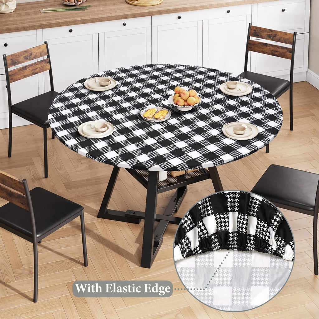 LOMOHOO Round Tablecloth with Elastic Edge Outdoor Waterproof Round Table Cloth, 36-44" Black White Buffalo Plaid Houndstooth Washable Fitted Vinyl Table Cover for Dining Kitchen Picnic Camping Party