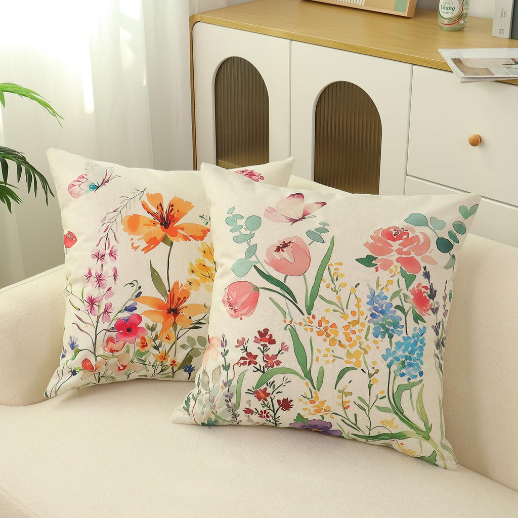 Betylifoy Throw Pillow Covers 18x18 Set of 4 Spring Floral Cushion Covers Outdoor Farmhouse Wildflower Butterfly Decorative Pillowcases Linen Cushion Case for Home Bedroom Sofa Patio