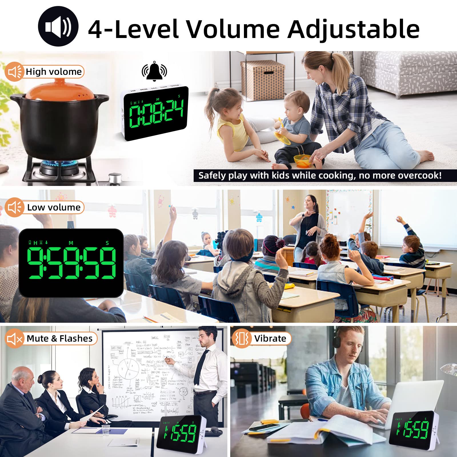 Digital Kitchen Timer-Magnetic Rechargeable Cooking Timers Countdown/up with 5”LED Display 3 Brightness 4 Volume Adjustable for Classroom Office Study Home Work Fitness Facial Game for Seniors & Kids