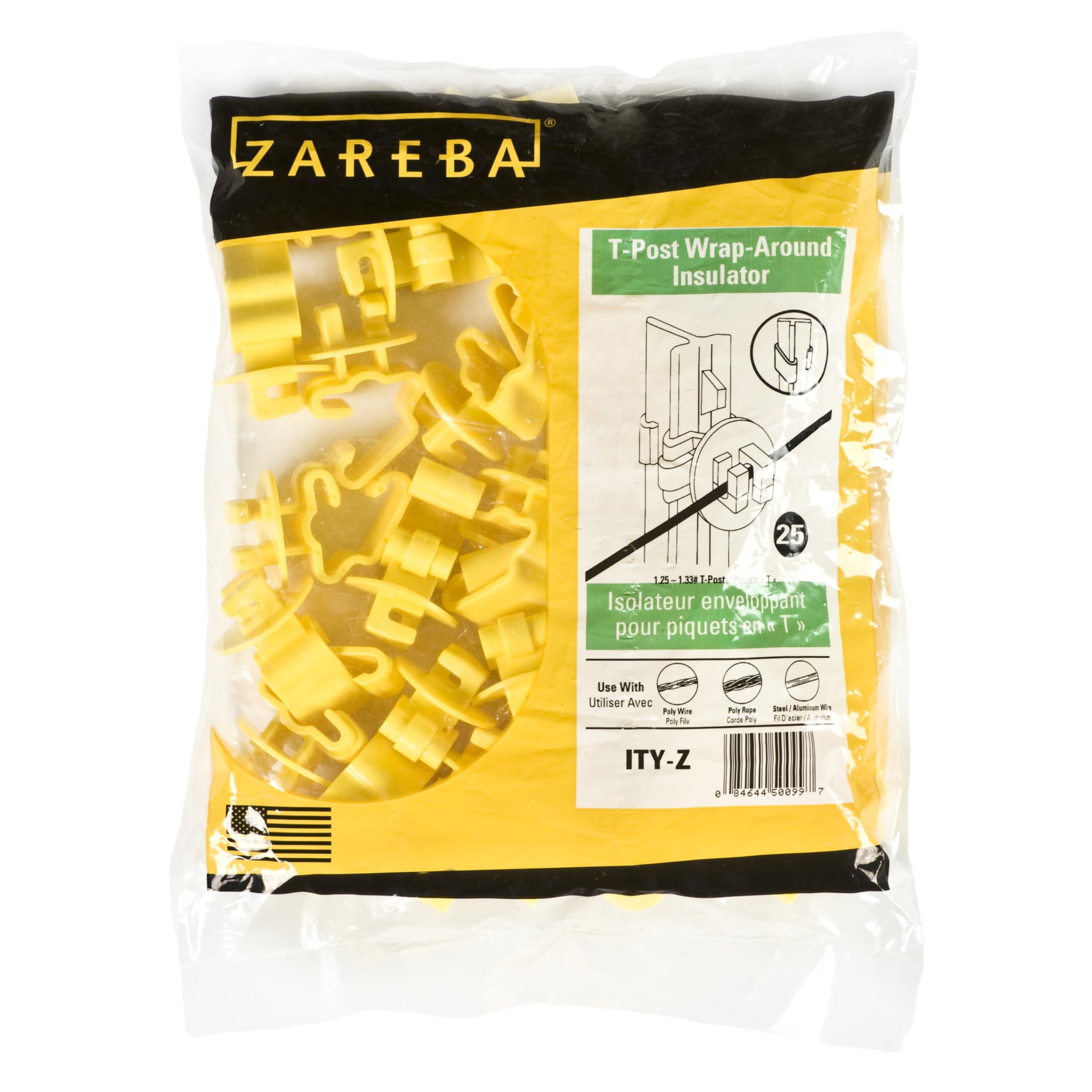 Zareba ITY-Z Standard Snug-fitting T-Post Insulator, 25 Per Bag, Yellow