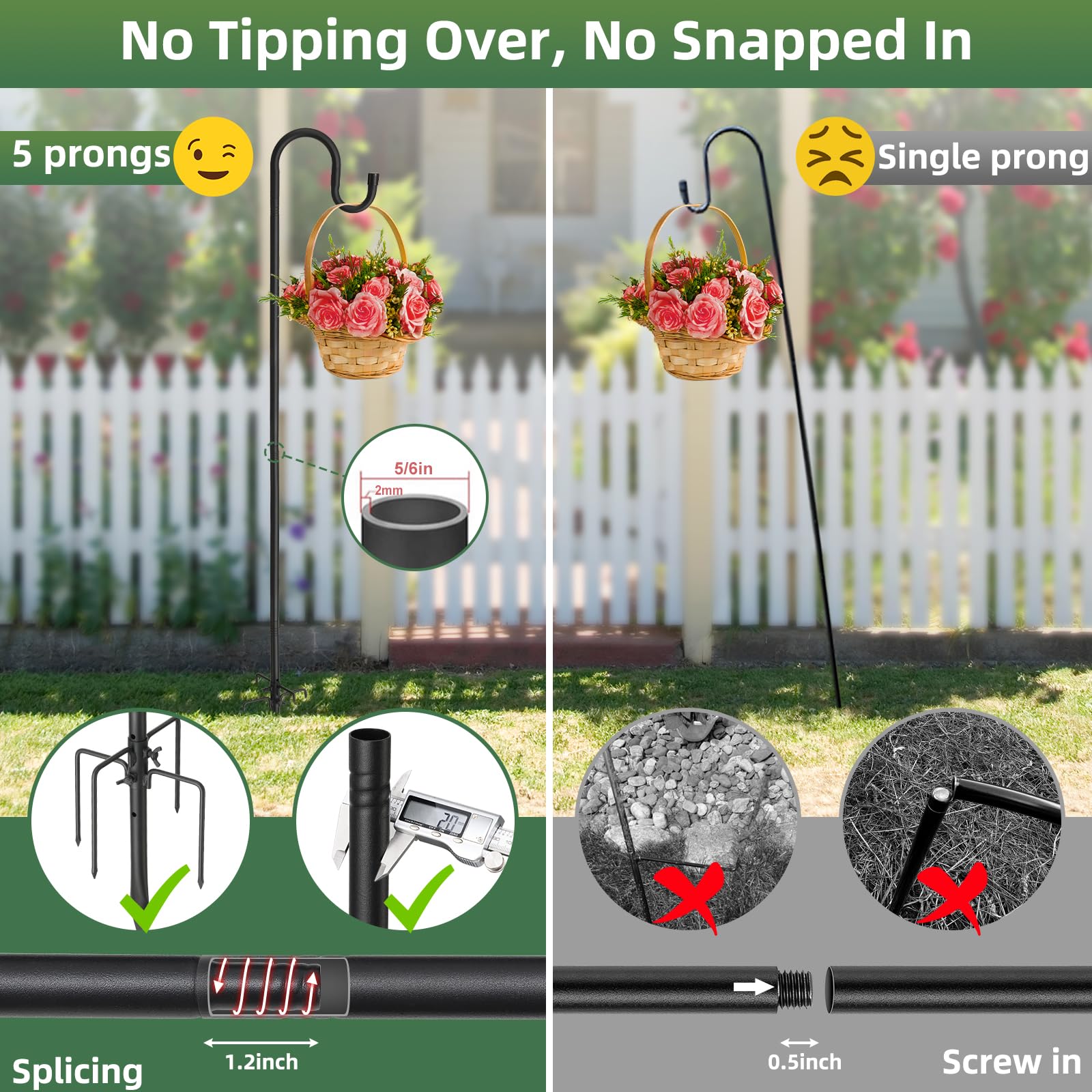 Shepherd Hooks for Outdoor - 62 Inch High, 5/6 Inch Rod Diameter, 5 Prong Base Adjustable Shepherd Hooks, Heavy Duty Feeder Pole for Hanging Flower Baskets Lantern Lights Wind Chime