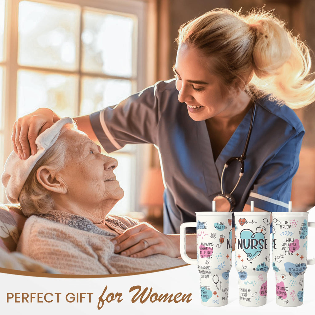 Nurse Tumbler with Handle 40oz, Coffee Travel Mug with Straw, Inspiration Gifts for Women Female Nurses, Nursing Gift for Birthday Christmas Nurse Week