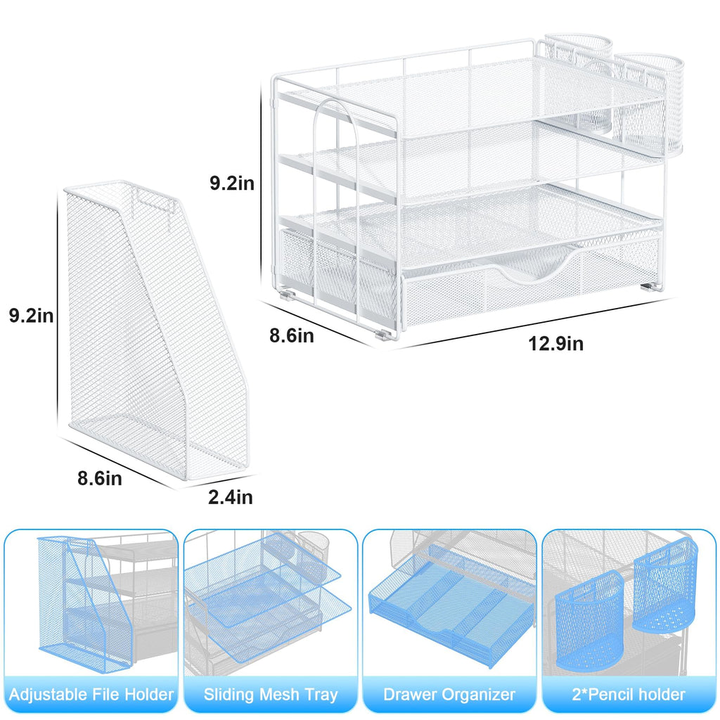 Desk Organizer with File Holder, 4-Tier Paper Tray with Drawer and 2 Pen Holders, Mesh Office Desk Accessories with Magazine File Holder, Desk Tidy for Office Supplies (White)