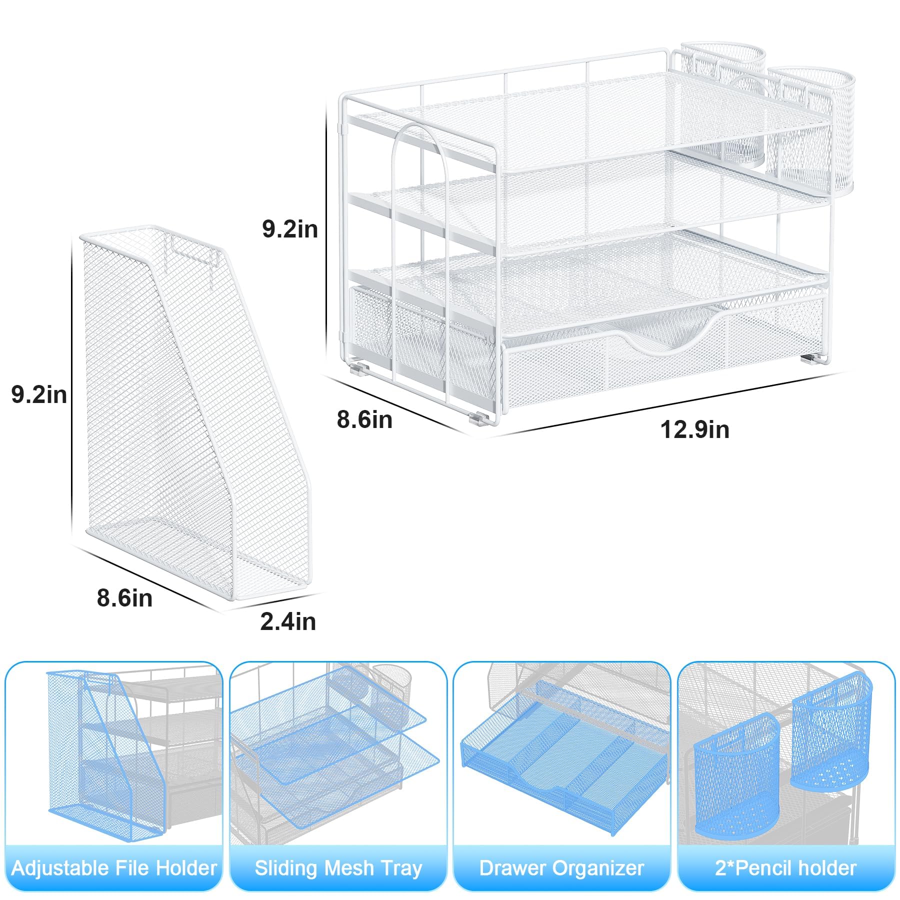 Desk Organizer with File Holder, 4-Tier Paper Tray with Drawer and 2 Pen Holders, Mesh Office Desk Accessories with Magazine File Holder, Desk Tidy for Office Supplies (White)