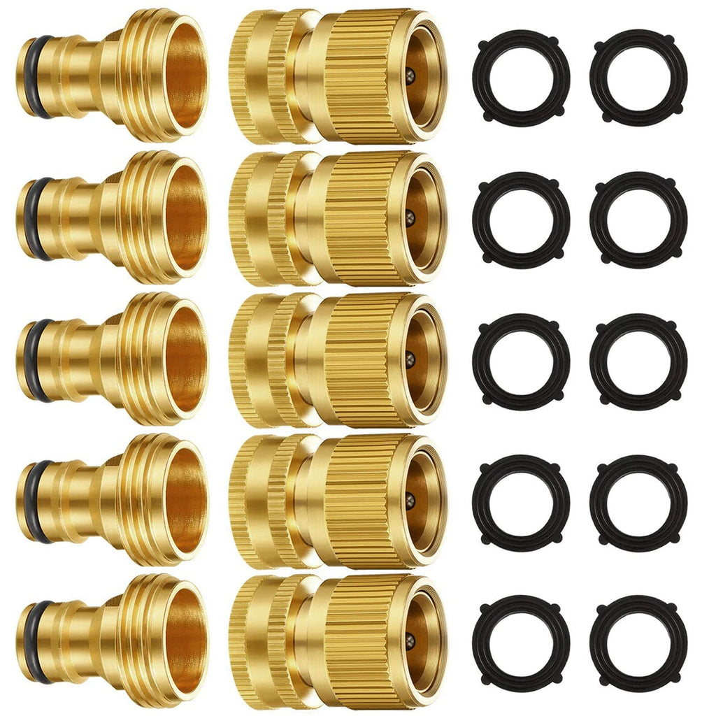 Garden Hose Quick Connectors, Solid Brass 3/4 inch GHT Thread Easy Connect Fittings No-Leak Water Hose Male Female Value Pack (5 Set) with 10pcs Extra Rubber
