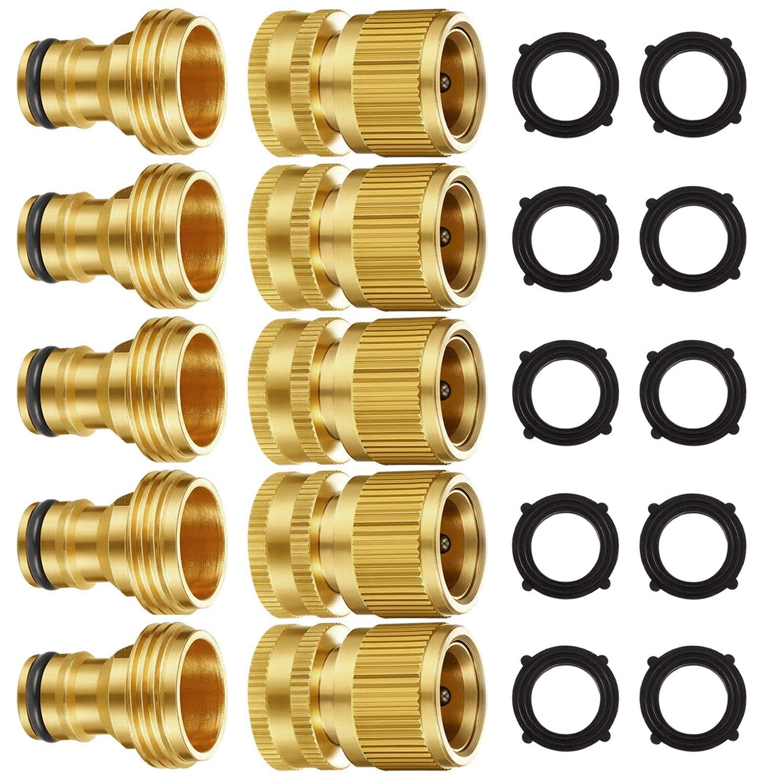 Garden Hose Quick Connectors, Solid Brass 3/4 inch GHT Thread Easy Connect Fittings No-Leak Water Hose Male Female Value Pack (5 Set) with 10pcs Extra Rubber