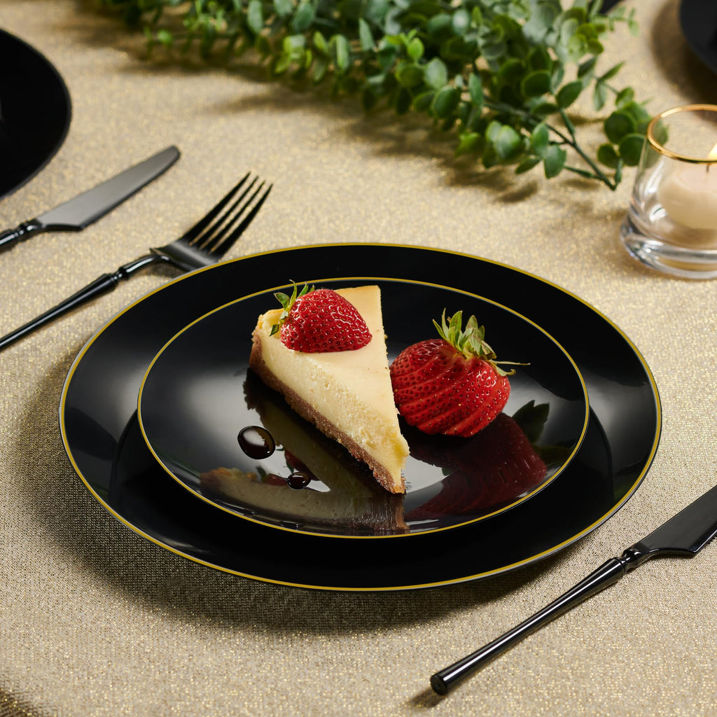 PLASTICPRO 32 Piece Combo Plate Set includes 16-7'' inch Plates & 16-10'' inch Dinner Plate Black Plastic With Gold Rim Design Party Plates, Premium heavyweight Elegant, Disposable