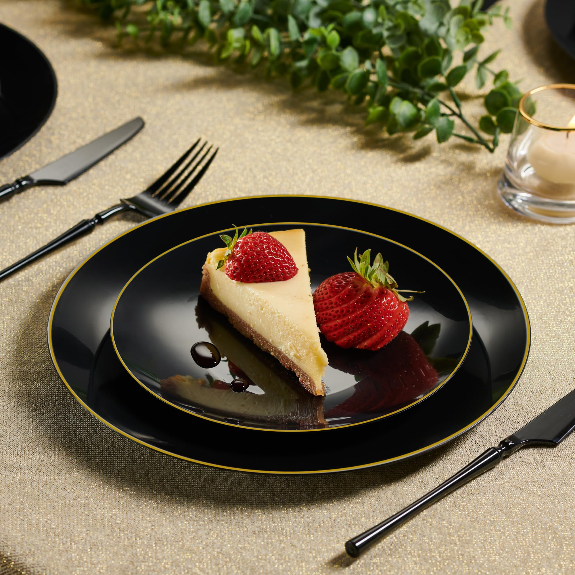PLASTICPRO 32 Piece Combo Plate Set includes 16-7'' inch Plates & 16-10'' inch Dinner Plate Black Plastic With Gold Rim Design Party Plates, Premium heavyweight Elegant, Disposable