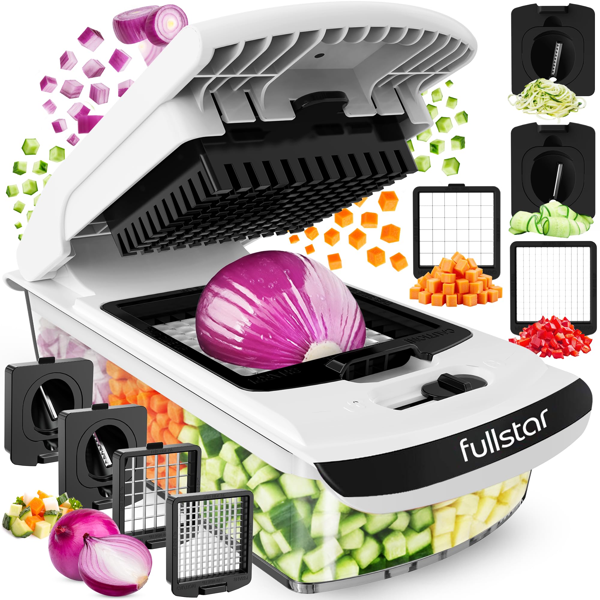 Fullstar Vegetable Chopper & Cutter - Slicer Dicer Spiralizer with Container for Food Veggie Onion Cucumber Tomato Salad Potato French Fry - Kitchen Essentials & Gadgets (PRO 4-in-1, White)