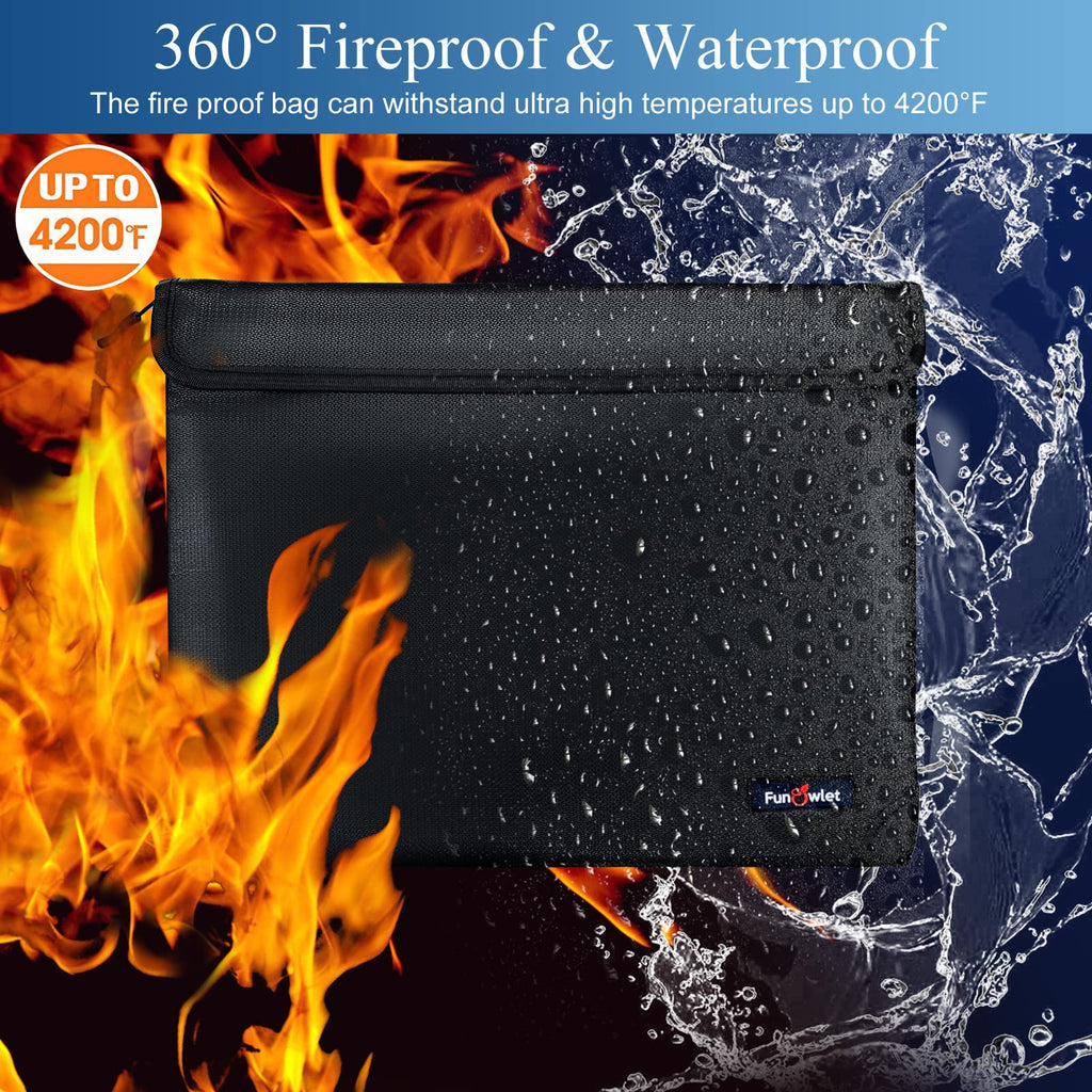 Fireproof Waterproof Money Document Bag - with 4200°F Heat Insulated Safe Storage Pouch with Zipper, Upgraded 8 Layers of Functional Material for Valuables (13.9"x10.6" Black)