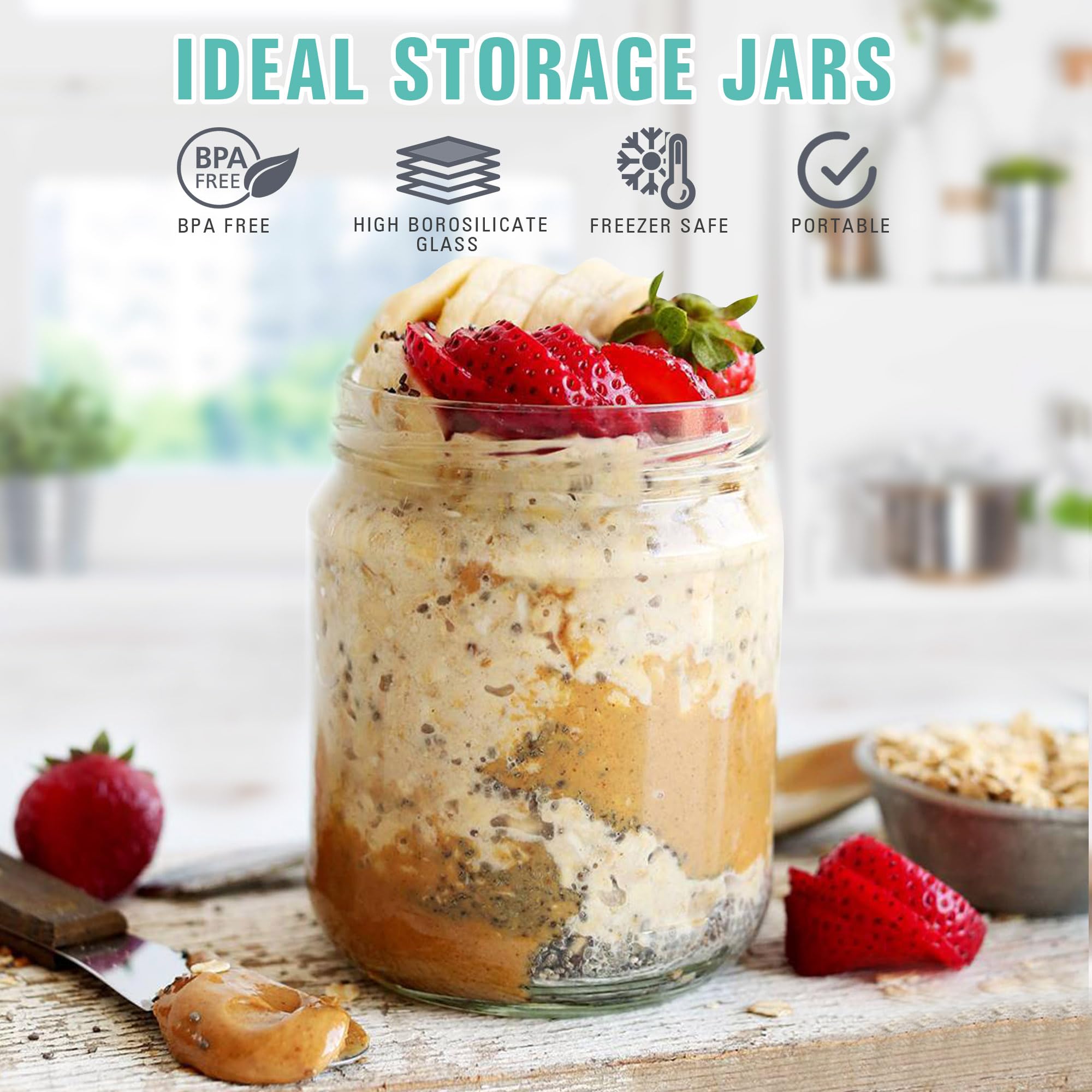 Wide Mouth Mason Jars, 16oz Round Glass Container With Airtight Lids for Overnight Oats, Fruit Salad, Cereal, Snacks, Spice Storage - Leak Proof Clear Food Jars (6pcs)