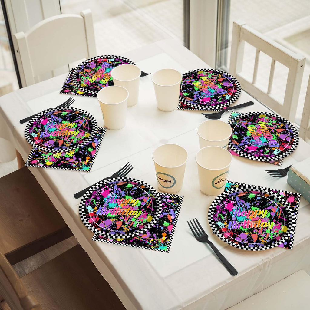 Joliaco 96 Pcs Neon Glow Birthday Party Tableware Set Colorful Graffiti Splatter Paint Disposable Paper Plates and Napkins Glow in the Dark Theme Party Supplies for 24 Guests