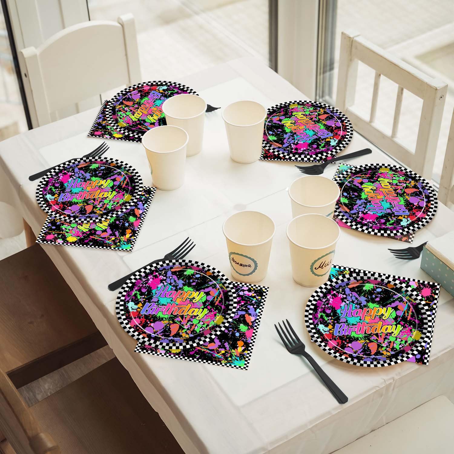 Joliaco 96 Pcs Neon Glow Birthday Party Tableware Set Colorful Graffiti Splatter Paint Disposable Paper Plates and Napkins Glow in the Dark Theme Party Supplies for 24 Guests